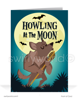 Send Halloween cheer with Swirly World's Howling Werewolf Greeting Card! Featuring a crooner werewolf singing "Howling at the Moon" and the fun message "Because you are so FANG-TASTIC! Happy Halloween!" inside. Perfect for clients and friends. Customizable envelopes available!