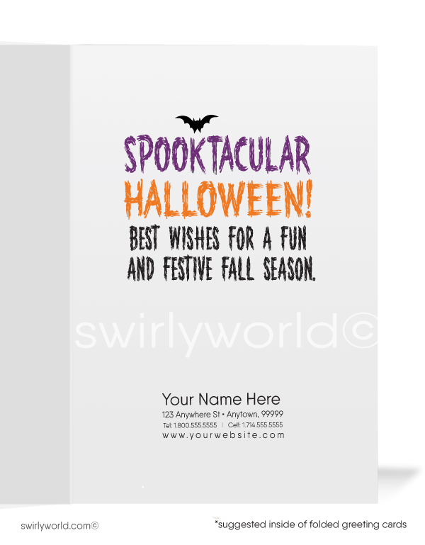 Delight clients with Swirly World's Sea Hag Witch Halloween Greeting Card! Featuring a funny witch with a broom against an orange sky and yellow moon, this card reads "Here's Witchen' You" and "A SPOOKTACULAR HALLOWEEN!" Customizable envelopes available for a personal touch!