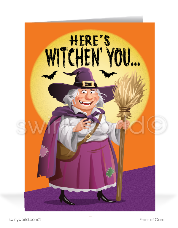 Delight clients with Swirly World's Sea Hag Witch Halloween Greeting Card! Featuring a funny witch with a broom against an orange sky and yellow moon, this card reads "Here's Witchen' You" and "A SPOOKTACULAR HALLOWEEN!" Customizable envelopes available for a personal touch!