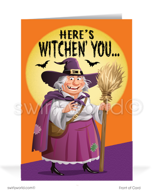 Delight clients with Swirly World's Sea Hag Witch Halloween Greeting Card! Featuring a funny witch with a broom against an orange sky and yellow moon, this card reads "Here's Witchen' You" and "A SPOOKTACULAR HALLOWEEN!" Customizable envelopes available for a personal touch!