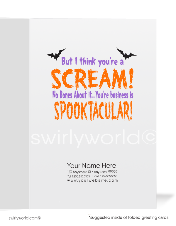 Delight your clients with Swirly World's Humorous Skeleton Halloween Greeting Card! Featuring a cheeky skeleton with "Hope You Don't Find This Too Humerous" on the front and "I Think You're A SCREAM!" inside. Personalize with custom envelopes for a memorable Halloween greeting!