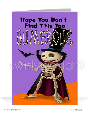 Delight your clients with Swirly World's Humorous Skeleton Halloween Greeting Card! Featuring a cheeky skeleton with "Hope You Don't Find This Too Humerous" on the front and "I Think You're A SCREAM!" inside. Personalize with custom envelopes for a memorable Halloween greeting!