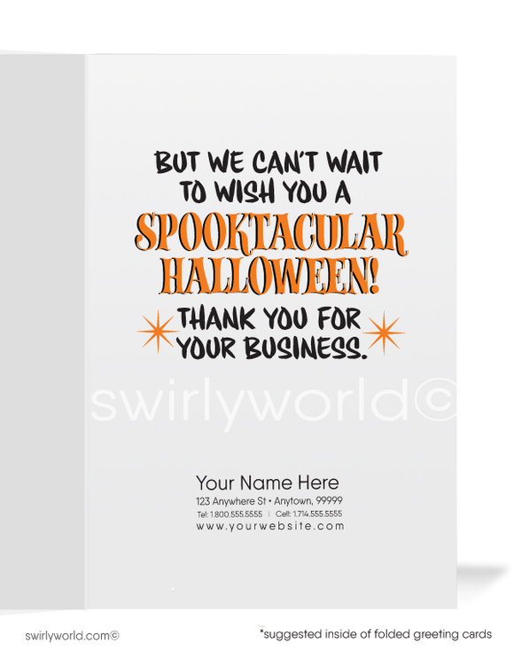 Share Halloween fun with Swirly World's Candy Corn Greeting Card! Featuring cute candy corn characters with jack-o'-lantern faces and the message "We Don't Mean to Sound Too CORNY" on the front, this card is perfect for wishing clients a spooktacular Halloween. Customizable envelopes available!