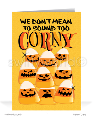 Share Halloween fun with Swirly World's Candy Corn Greeting Card! Featuring cute candy corn characters with jack-o'-lantern faces and the message "We Don't Mean to Sound Too CORNY" on the front, this card is perfect for wishing clients a spooktacular Halloween. Customizable envelopes available!