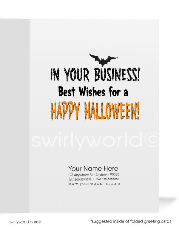 Spread Halloween laughs with Swirly World's Humorous Mummy Greeting Card. Featuring a funny mummy with "All Wrapped Up" on the front and "In Your Business!" inside, this card is perfect for connecting with clients and customers. Customizable envelopes available for a personalized touch!