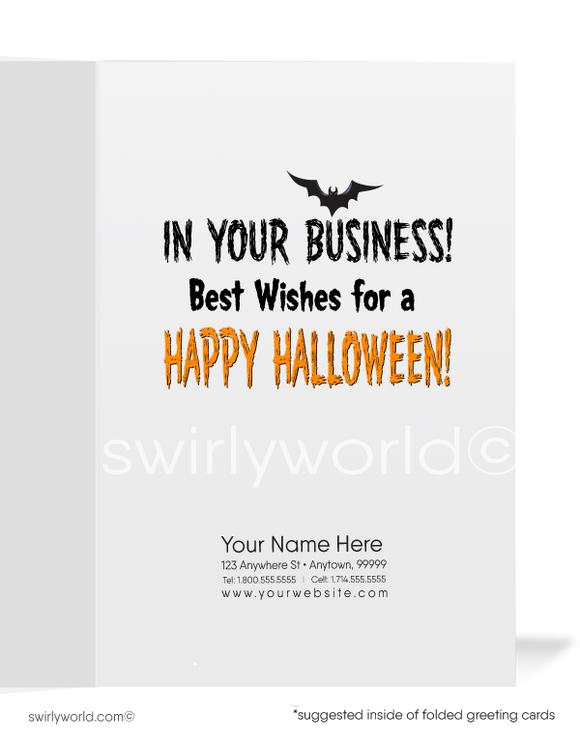 "Funny Mummy" "All Wrapped Up in Your Business" Humorous Business Printed Halloween Greeting Cards for Customers