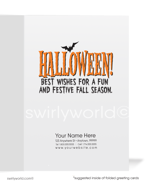 Spread Halloween cheer with Swirly World's Pumpkin Head Greeting Card! Featuring a spooky pumpkin head surrounded by bats and a full moon, with the message "Hope You Have A GOURD" on the front and "HALLOWEEN" inside. Perfect for clients and friends. Customizable envelopes available!