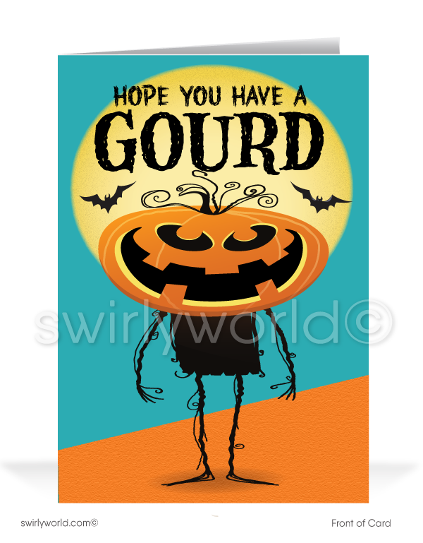 Spread Halloween cheer with Swirly World's Pumpkin Head Greeting Card! Featuring a spooky pumpkin head surrounded by bats and a full moon, with the message "Hope You Have A GOURD" on the front and "HALLOWEEN" inside. Perfect for clients and friends. Customizable envelopes available!