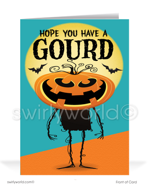 Spread Halloween cheer with Swirly World's Pumpkin Head Greeting Card! Featuring a spooky pumpkin head surrounded by bats and a full moon, with the message "Hope You Have A GOURD" on the front and "HALLOWEEN" inside. Perfect for clients and friends. Customizable envelopes available!