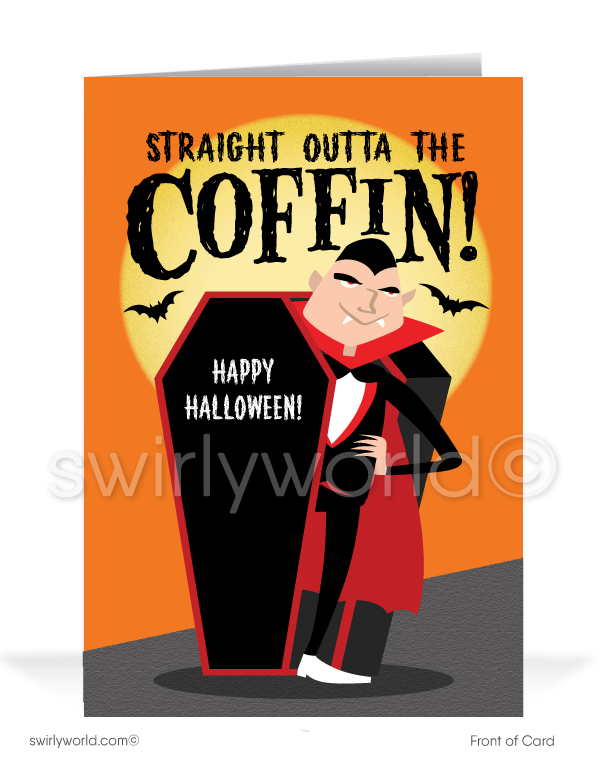 Celebrate Halloween with Swirly World's Hip-Hop Vampire Card! Featuring a cool vampire bursting out of a coffin with the phrase "Straight Outta the Coffin," this humorous card is perfect for adding a fun twist to your Halloween greetings. Personalize it for a unique touch! Customizable envelopes available.
