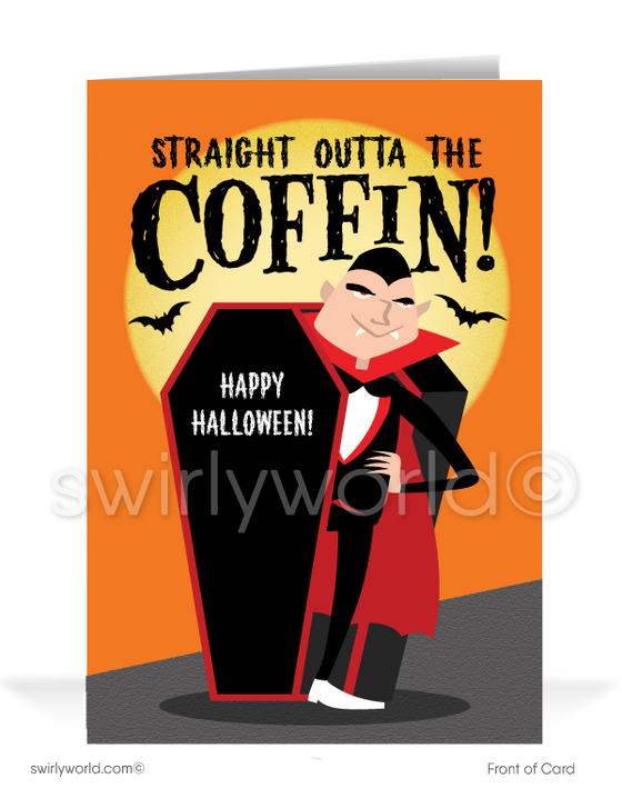 Celebrate Halloween with Swirly World's Hip-Hop Vampire Card! Featuring a cool vampire bursting out of a coffin with the phrase "Straight Outta the Coffin," this humorous card is perfect for adding a fun twist to your Halloween greetings. Personalize it for a unique touch! Customizable envelopes available.