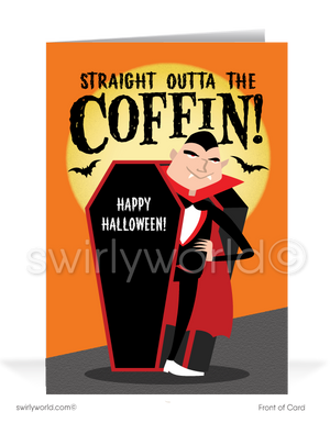 Celebrate Halloween with Swirly World's Hip-Hop Vampire Card! Featuring a cool vampire bursting out of a coffin with the phrase "Straight Outta the Coffin," this humorous card is perfect for adding a fun twist to your Halloween greetings. Personalize it for a unique touch! Customizable envelopes available.