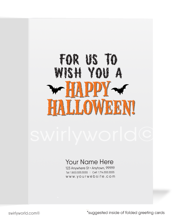 Capture Halloween spirit with Swirly World's Grim Reaper Greeting Card! Featuring a Grim Reaper hovering over an hourglass with "Time is Running Out" on the front and "For Us to Wish You A Happy Halloween" inside. Perfect for sending to clients and friends. Customizable envelopes available!