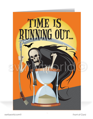 Capture Halloween spirit with Swirly World's Grim Reaper Greeting Card! Featuring a Grim Reaper hovering over an hourglass with "Time is Running Out" on the front and "For Us to Wish You A Happy Halloween" inside. Perfect for sending to clients and friends. Customizable envelopes available!