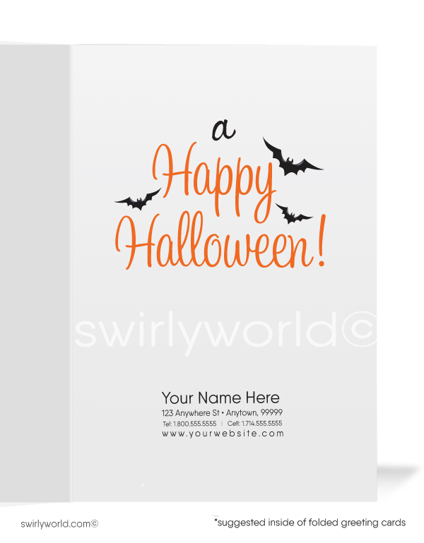 Spread Halloween cheer with Swirly World's "Here's Witchin' You" Greeting Card! Featuring a charming witch, black kitty, and pumpkin, this card is perfect for wishing clients a Happy Halloween. Customize the witch's appearance and add personalized envelopes for a special touch!