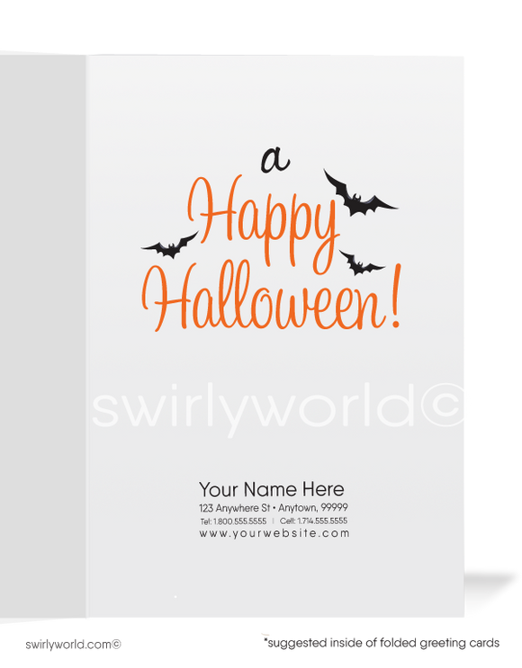 Cute Witch Cartoon with Black Cat and Pumpkin Printed Client "Happy Halloween" Cards 