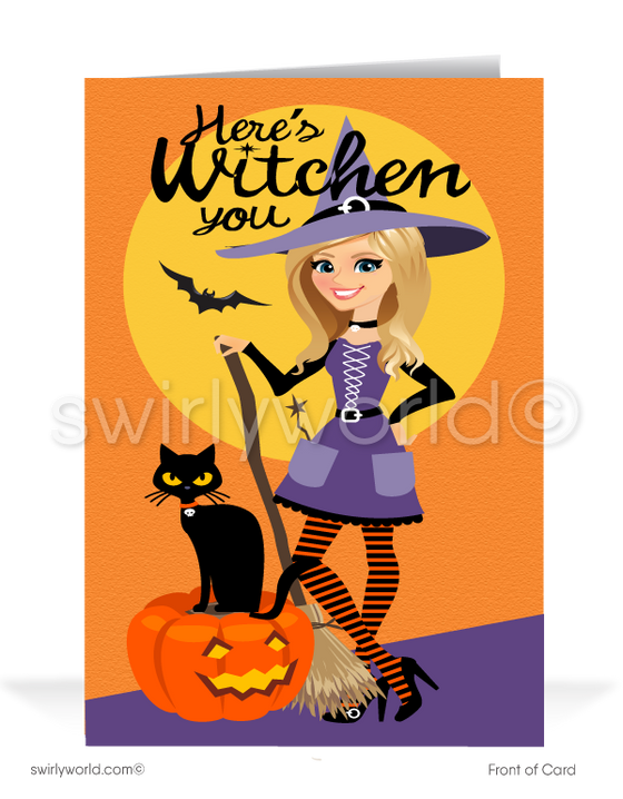 Spread Halloween cheer with Swirly World's "Here's Witchin' You" Greeting Card! Featuring a charming witch, black kitty, and pumpkin, this card is perfect for wishing clients a Happy Halloween. Customize the witch's appearance and add personalized envelopes for a special touch!