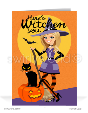 Spread Halloween cheer with Swirly World's "Here's Witchin' You" Greeting Card! Featuring a charming witch, black kitty, and pumpkin, this card is perfect for wishing clients a Happy Halloween. Customize the witch's appearance and add personalized envelopes for a special touch!