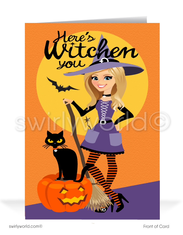 Cute Witch Cartoon with Black Cat and Pumpkin Printed Client "Happy Halloween" Cards 