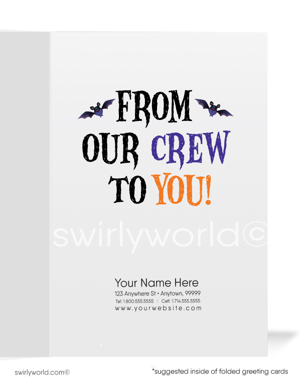 Spread Halloween cheer with Swirly World's Mischievous Monsters Greeting Card! Featuring playful monsters in a clown car with the message "Happy Halloween, From Our Crew To You!" Perfect for a "From the Office" style card. Customizable envelopes available for a personalized touch!