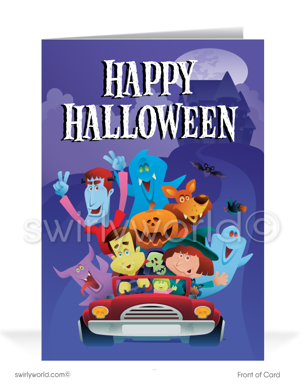 Spread Halloween cheer with Swirly World's Mischievous Monsters Greeting Card! Featuring playful monsters in a clown car with the message "Happy Halloween, From Our Crew To You!" Perfect for a "From the Office" style card. Customizable envelopes available for a personalized touch!