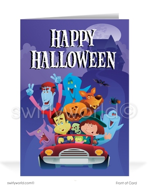 Spread Halloween cheer with Swirly World's Mischievous Monsters Greeting Card! Featuring playful monsters in a clown car with the message "Happy Halloween, From Our Crew To You!" Perfect for a "From the Office" style card. Customizable envelopes available for a personalized touch!