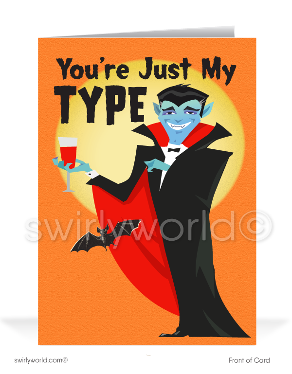 Charm clients with Swirly World's Funny Vampire Halloween Greeting Card! Featuring a cheeky Dracula holding a glass of blood with "You're Just My Type" on the cover and "Of Customer!" inside, this card is perfect for spreading Halloween cheer. Customize with personalized envelopes for an added touch!