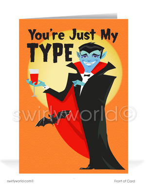 Charm clients with Swirly World's Funny Vampire Halloween Greeting Card! Featuring a cheeky Dracula holding a glass of blood with "You're Just My Type" on the cover and "Of Customer!" inside, this card is perfect for spreading Halloween cheer. Customize with personalized envelopes for an added touch!