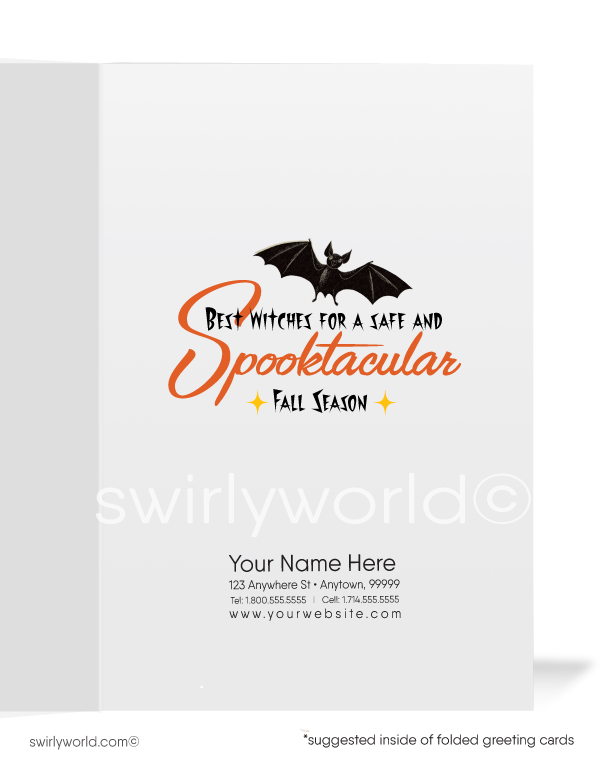 Step back into the 1950s-60s with Swirly World's vintage goth-style Halloween cards. Featuring a retro atomic black cat face with bold "Happy Halloween" lettering in a classic font, perfect for mid-century enthusiasts. Choose single-panel or folded options, with customizable envelopes available.