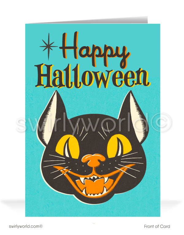 Vintage Retro Black Cat 1950s-1960s Atomic Mid-Century Halloween Greeting Cards