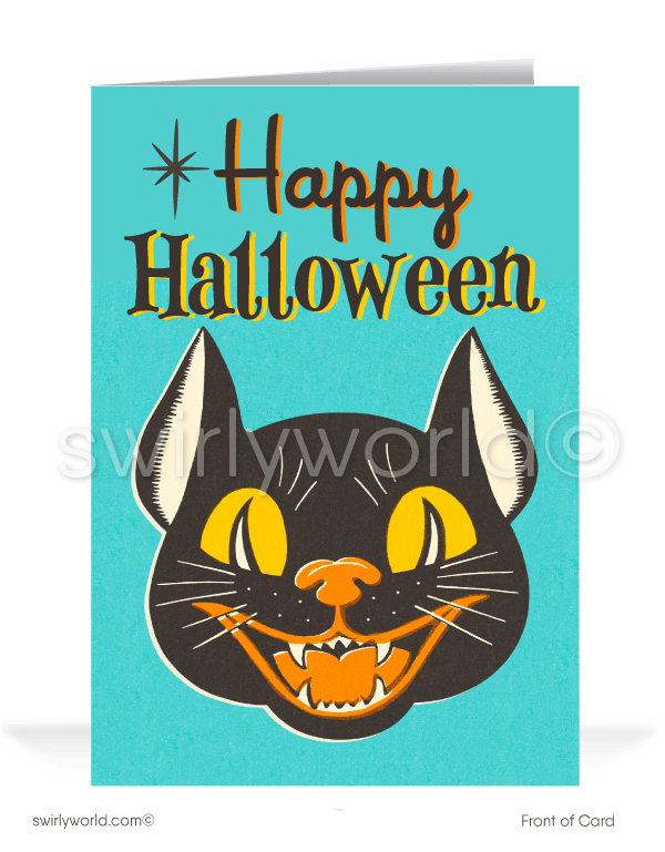 Step back into the 1950s-60s with Swirly World's vintage goth-style Halloween cards. Featuring a retro atomic black cat face with bold "Happy Halloween" lettering in a classic font, perfect for mid-century enthusiasts. Choose single-panel or folded options, with customizable envelopes available.