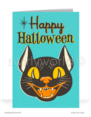 Step back into the 1950s-60s with Swirly World's vintage goth-style Halloween cards. Featuring a retro atomic black cat face with bold "Happy Halloween" lettering in a classic font, perfect for mid-century enthusiasts. Choose single-panel or folded options, with customizable envelopes available.