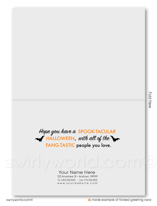 Send spooky greetings with Swirly World's Retro Ghost Halloween Greeting Card. Featuring a playful ghost and spider in the "Happy Halloween" wording, this card is perfect for expressing appreciation to your clients. Customizable envelopes available for a personal touch!