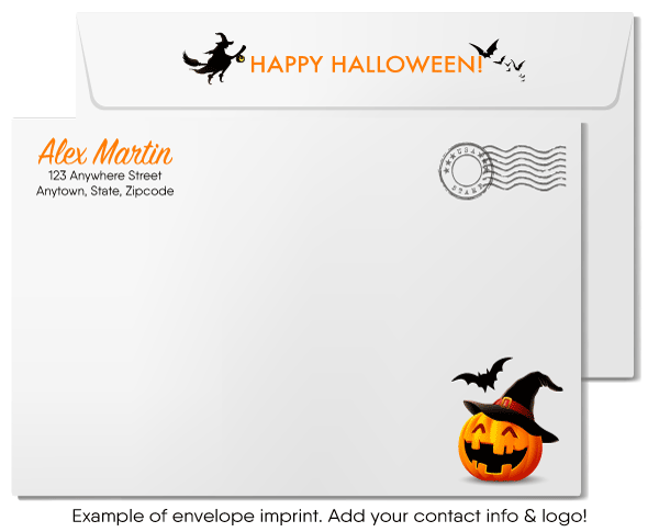 Send spooky greetings with Swirly World's Retro Ghost Halloween Greeting Card. Featuring a playful ghost and spider in the "Happy Halloween" wording, this card is perfect for expressing appreciation to your clients. Customizable envelopes available for a personal touch!