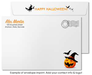 Send spooky greetings with Swirly World's Retro Ghost Halloween Greeting Card. Featuring a playful ghost and spider in the "Happy Halloween" wording, this card is perfect for expressing appreciation to your clients. Customizable envelopes available for a personal touch!