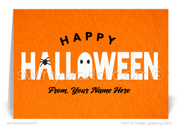 Send spooky greetings with Swirly World's Retro Ghost Halloween Greeting Card. Featuring a playful ghost and spider in the "Happy Halloween" wording, this card is perfect for expressing appreciation to your clients. Customizable envelopes available for a personal touch!