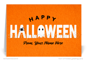 Send spooky greetings with Swirly World's Retro Ghost Halloween Greeting Card. Featuring a playful ghost and spider in the "Happy Halloween" wording, this card is perfect for expressing appreciation to your clients. Customizable envelopes available for a personal touch!