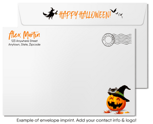 Enchant clients with Swirly World's Whimsical Halloween Greeting Card. Featuring a tree with falling autumn leaves and a rustic rope swing with a pumpkin, this card is perfect for sending heartfelt Halloween wishes and strengthening business connections. Customizable envelopes available!