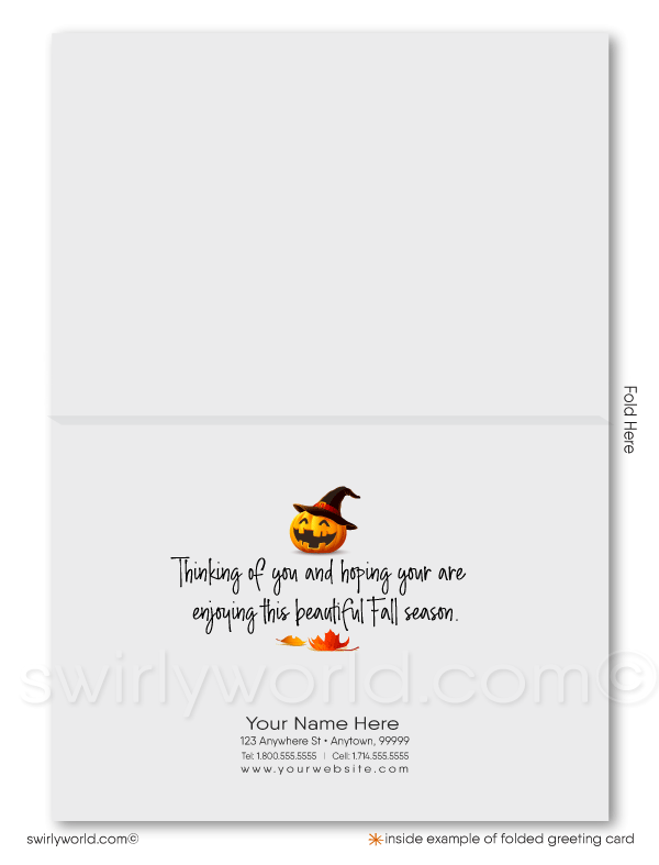Enchant clients with Swirly World's Whimsical Halloween Greeting Card. Featuring a tree with falling autumn leaves and a rustic rope swing with a pumpkin, this card is perfect for sending heartfelt Halloween wishes and strengthening business connections. Customizable envelopes available!