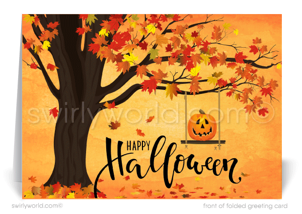 Enchant clients with Swirly World's Whimsical Halloween Greeting Card. Featuring a tree with falling autumn leaves and a rustic rope swing with a pumpkin, this card is perfect for sending heartfelt Halloween wishes and strengthening business connections. Customizable envelopes available!