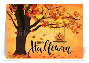 Enchant clients with Swirly World's Whimsical Halloween Greeting Card. Featuring a tree with falling autumn leaves and a rustic rope swing with a pumpkin, this card is perfect for sending heartfelt Halloween wishes and strengthening business connections. Customizable envelopes available!