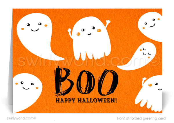 Enchant clients with Swirly World's Retro Ghosts Halloween Greeting Card. Featuring a cute cluster of friendly ghosts spelling out "BOO!", this card is perfect for expressing appreciation and strengthening business connections. Customizable envelopes available for a personal touch!