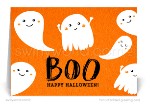 Enchant clients with Swirly World's Retro Ghosts Halloween Greeting Card. Featuring a cute cluster of friendly ghosts spelling out "BOO!", this card is perfect for expressing appreciation and strengthening business connections. Customizable envelopes available for a personal touch!