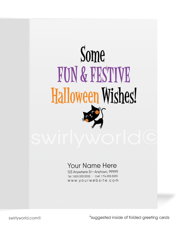 Cute Little Witch With Black Cat Cauldron Printed Happy Halloween Greeting Cards