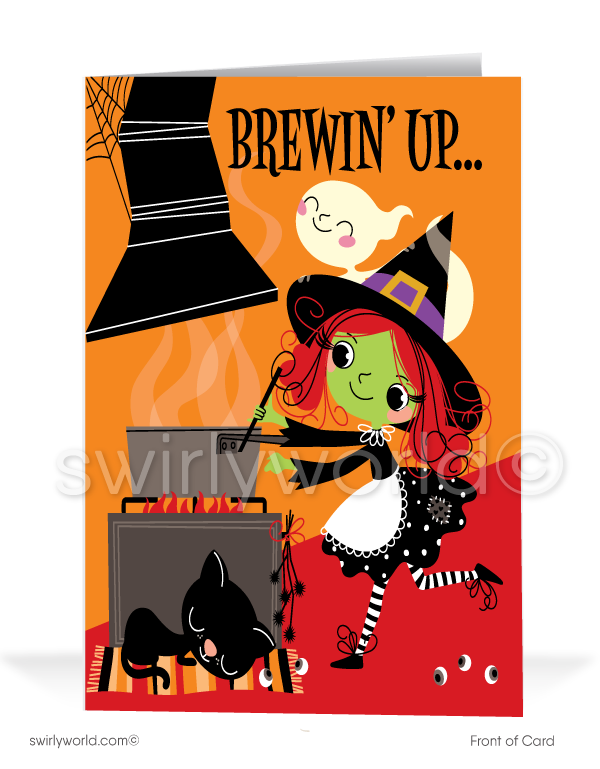 Cute Little Witch With Black Cat Cauldron Printed Happy Halloween Greeting Cards