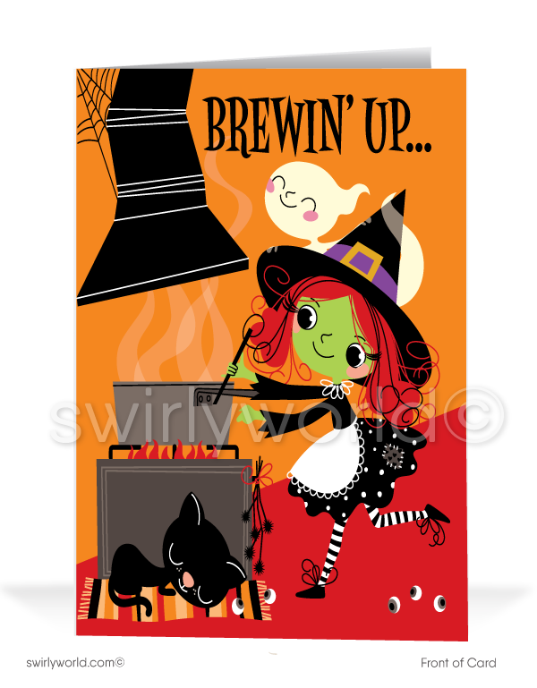 Stir up some Halloween fun with Swirly World's Retro Witch Greeting Card! Featuring a cute witch and her black cat with the message "Brewin' Up..." on the front and "Some Fun & Festive Halloween Wishes!" inside. Perfect for clients and friends. Customizable envelopes available!