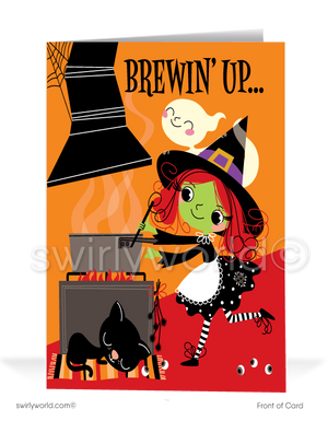 Stir up some Halloween fun with Swirly World's Retro Witch Greeting Card! Featuring a cute witch and her black cat with the message "Brewin' Up..." on the front and "Some Fun & Festive Halloween Wishes!" inside. Perfect for clients and friends. Customizable envelopes available!