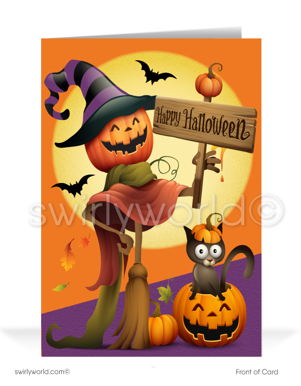 Funny Pumpkin Scarecrow with Black Cat Printed Halloween Greeting Card for Customers 