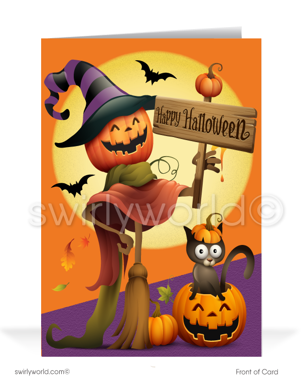 Capture Halloween charm with Swirly World's Scarecrow & Jack-o'-Lantern Greeting Card. Featuring a scarecrow with a Jack-o'-lantern head and a playful black cat in a pumpkin, this card is perfect for spreading festive joy. Customizable envelopes available for a personal touch!