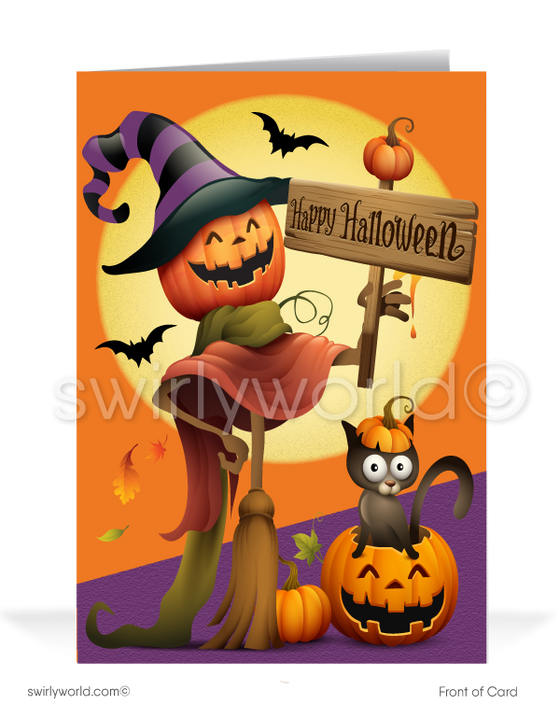 Funny Pumpkin Scarecrow with Black Cat Printed Halloween Greeting Card for Customers 